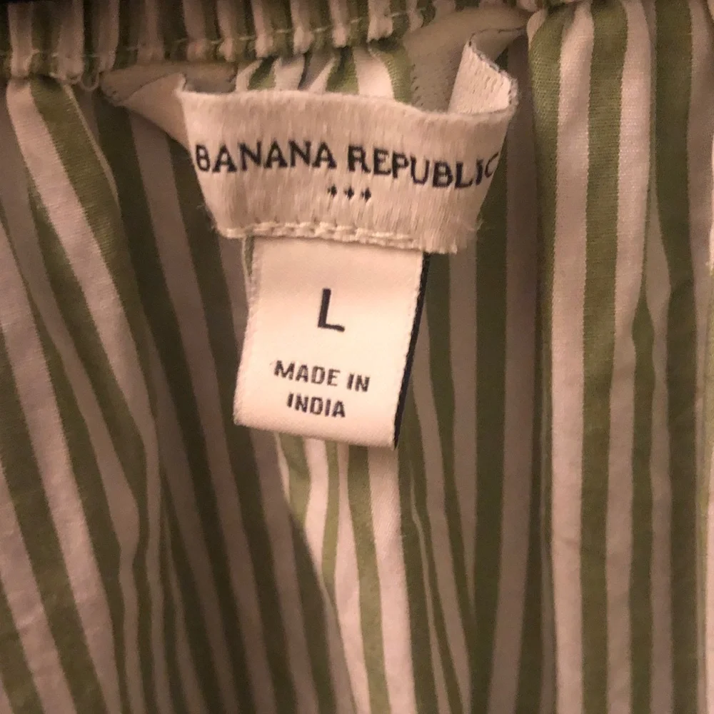 Banana Republic Green and White Striped Puff Sleeve Peasant Blouse